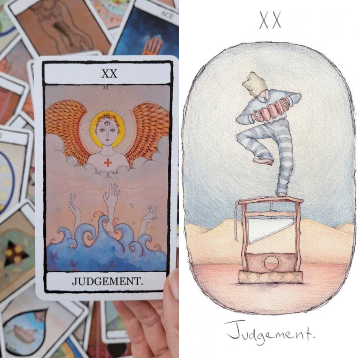 Two hand illustrated Judgement tarot cards side by side: a winged figure above hands rising from the ocean from The Falling Card Tarot, and a figure dancing on a guillotine with a concertina from Concertina Tarot.