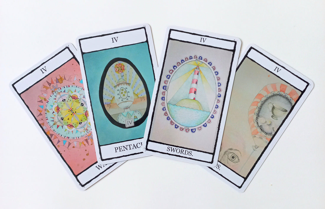 The four Minor Arcana Fours from The Falling Card Tarot, an indie tarot deck by Jenni McLaughlin