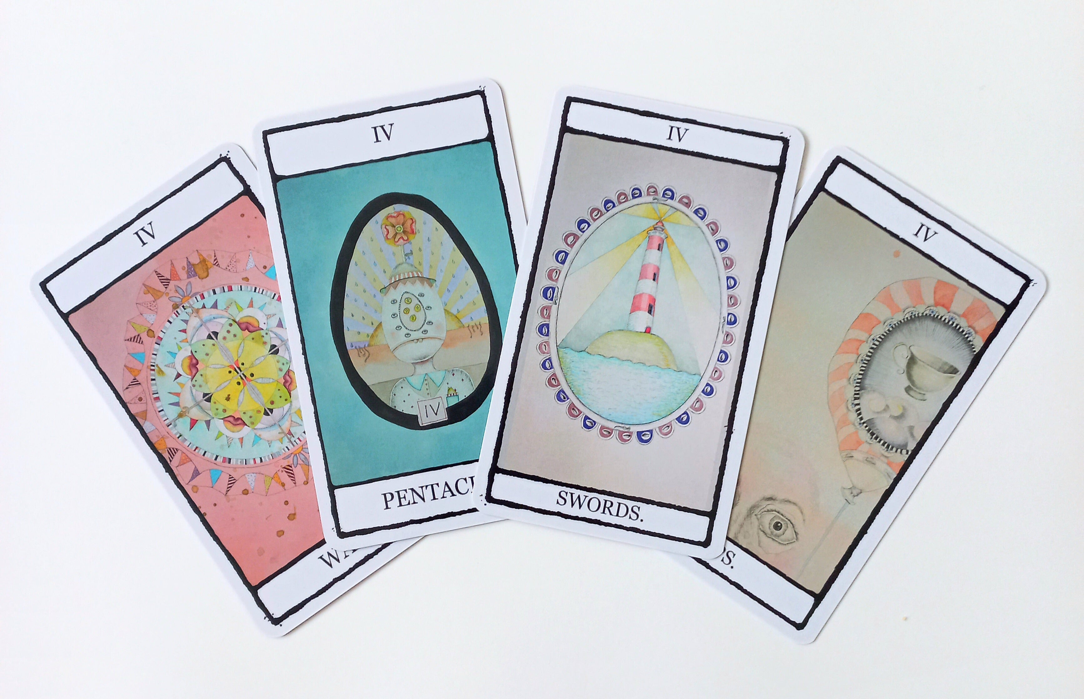 The four Minor Arcana Fours from The Falling Card Tarot, an indie tarot deck by Jenni McLaughlin