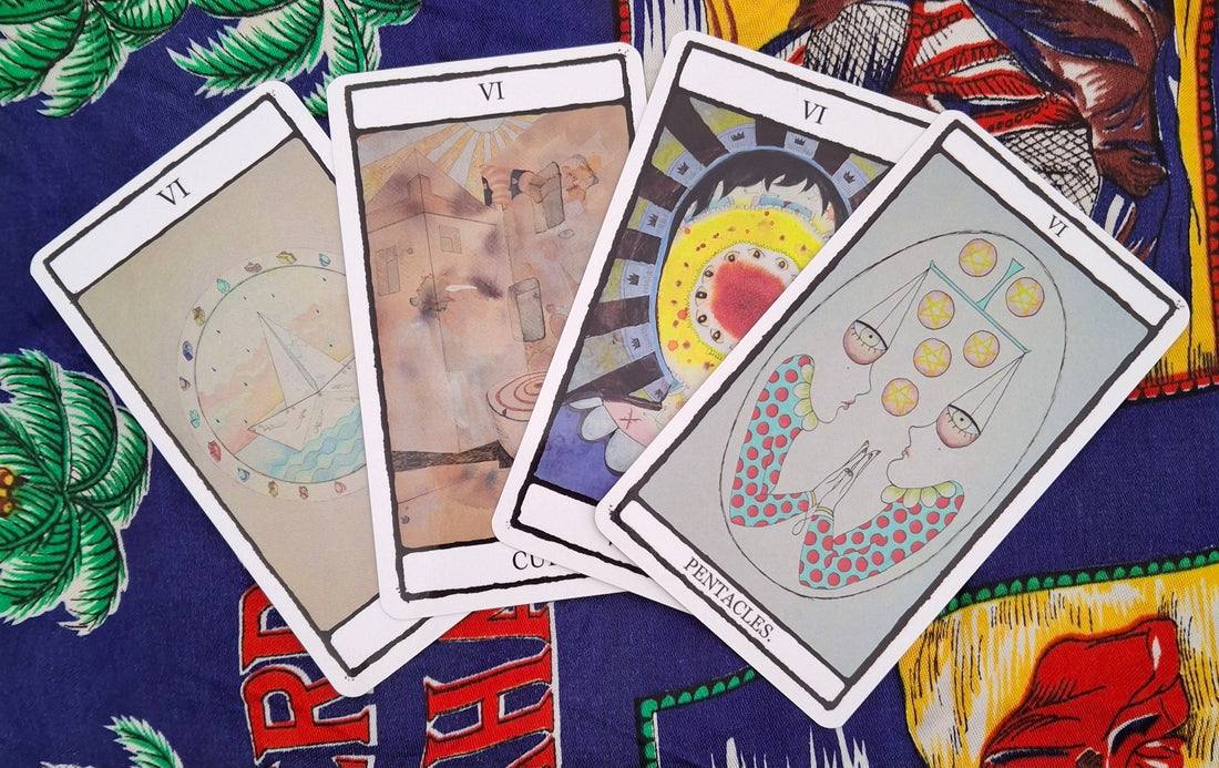 Hand illustrated tarot cards depicting the Six of Cups, Six of Wands, Six of Swords, and Six of Pentacles.