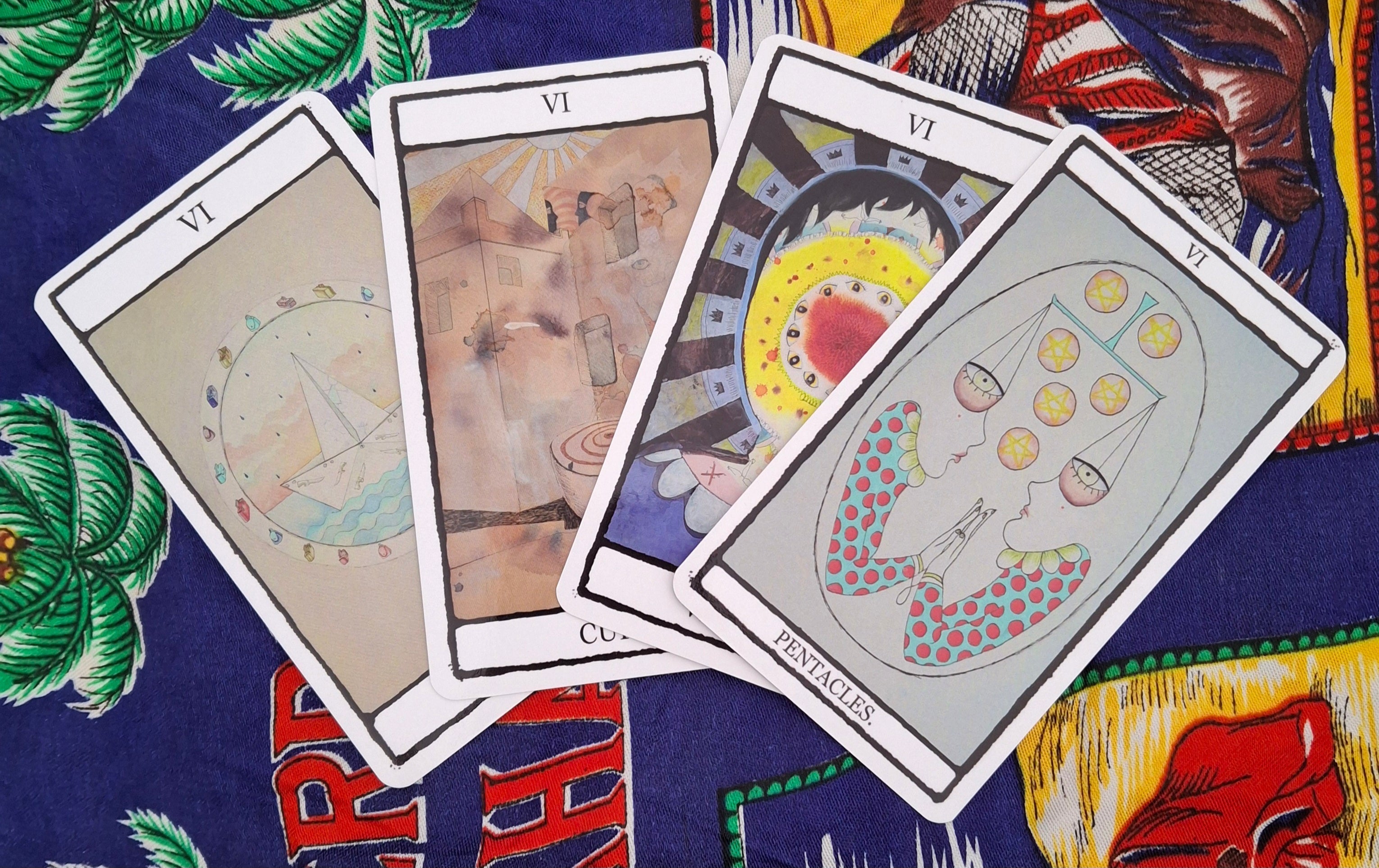 Hand illustrated tarot cards depicting the Six of Cups, Six of Wands, Six of Swords, and Six of Pentacles.