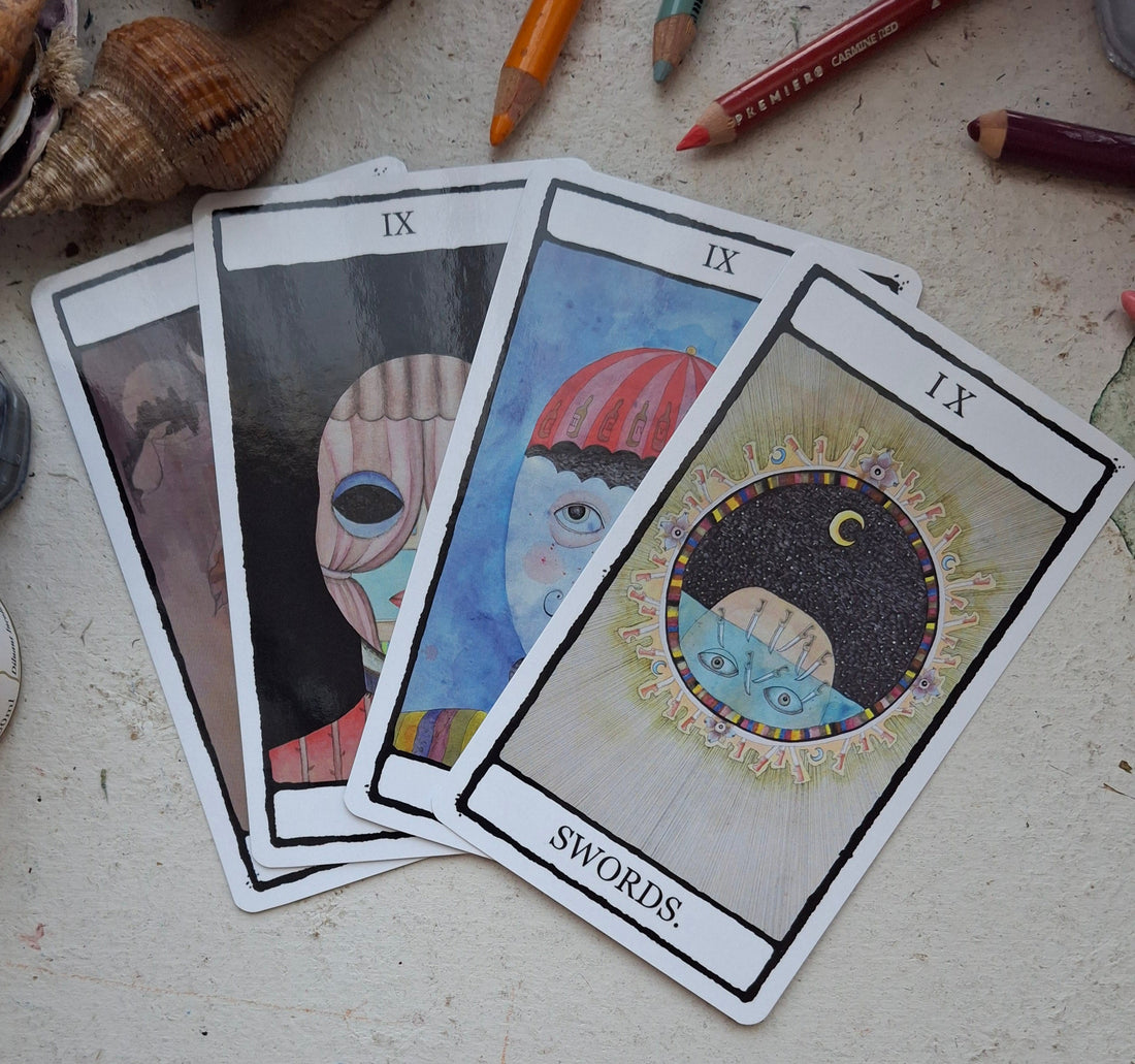 Four tarot nines from The Falling Card Tarot, hand-illustrated in a dark whimsical style: Nine of Wands, Nine of Cups, Nine of Pentacles, and Nine of Swords.
