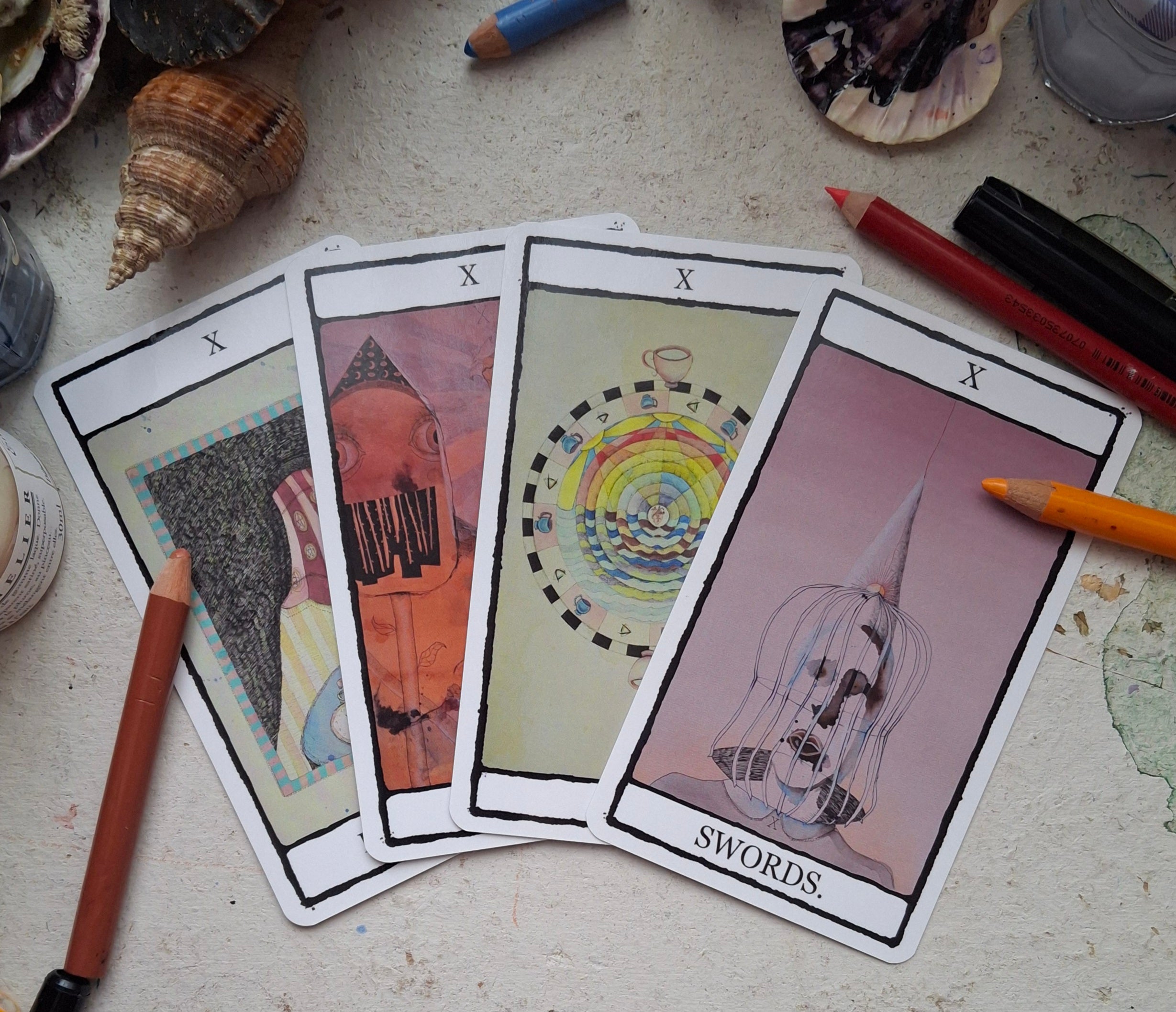 Four Minor Arcana tens from The Falling Card Tarot, hand illustrated in a dark whimsical style