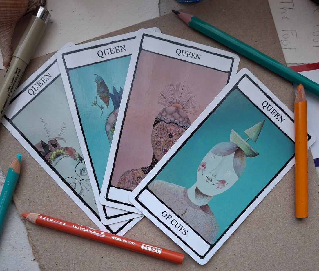 Hand-illustrated tarot queens featuring all four suits, original artwork by Jenni McLaughlin