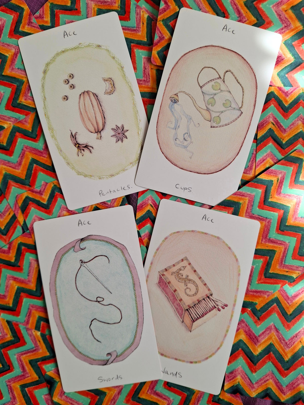 Image shows the four Ace cards from Concertina Tarot, hand illustrated in a vintage art style.