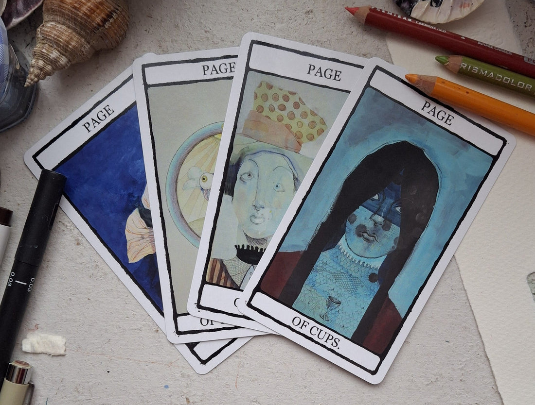 Four Page court cards from The Falling Card Tarot, hand-illustrated tarot deck showing the Page of Wands, Cups, Swords, and Pentacles