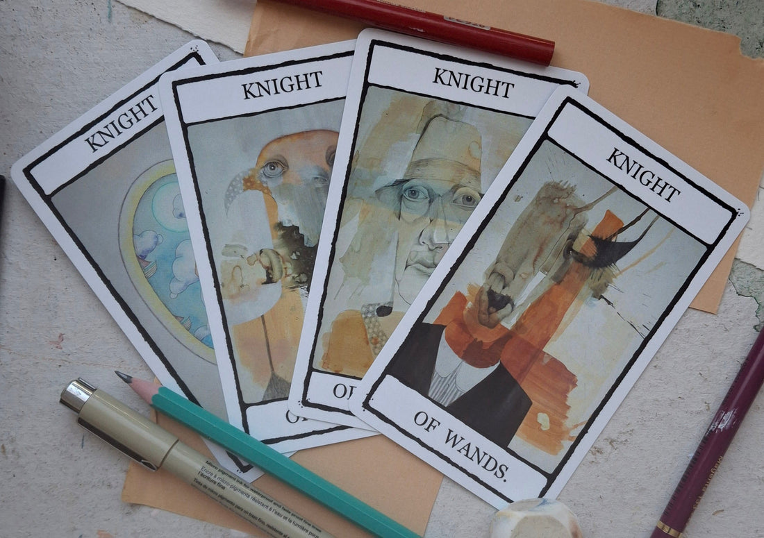 Four tarot Knights illustrated by hand: Knight of Wands, Knight of Cups, Knight of Swords, and Knight of Pentacles from The Falling Card Tarot deck by Jenni McLaughlin.