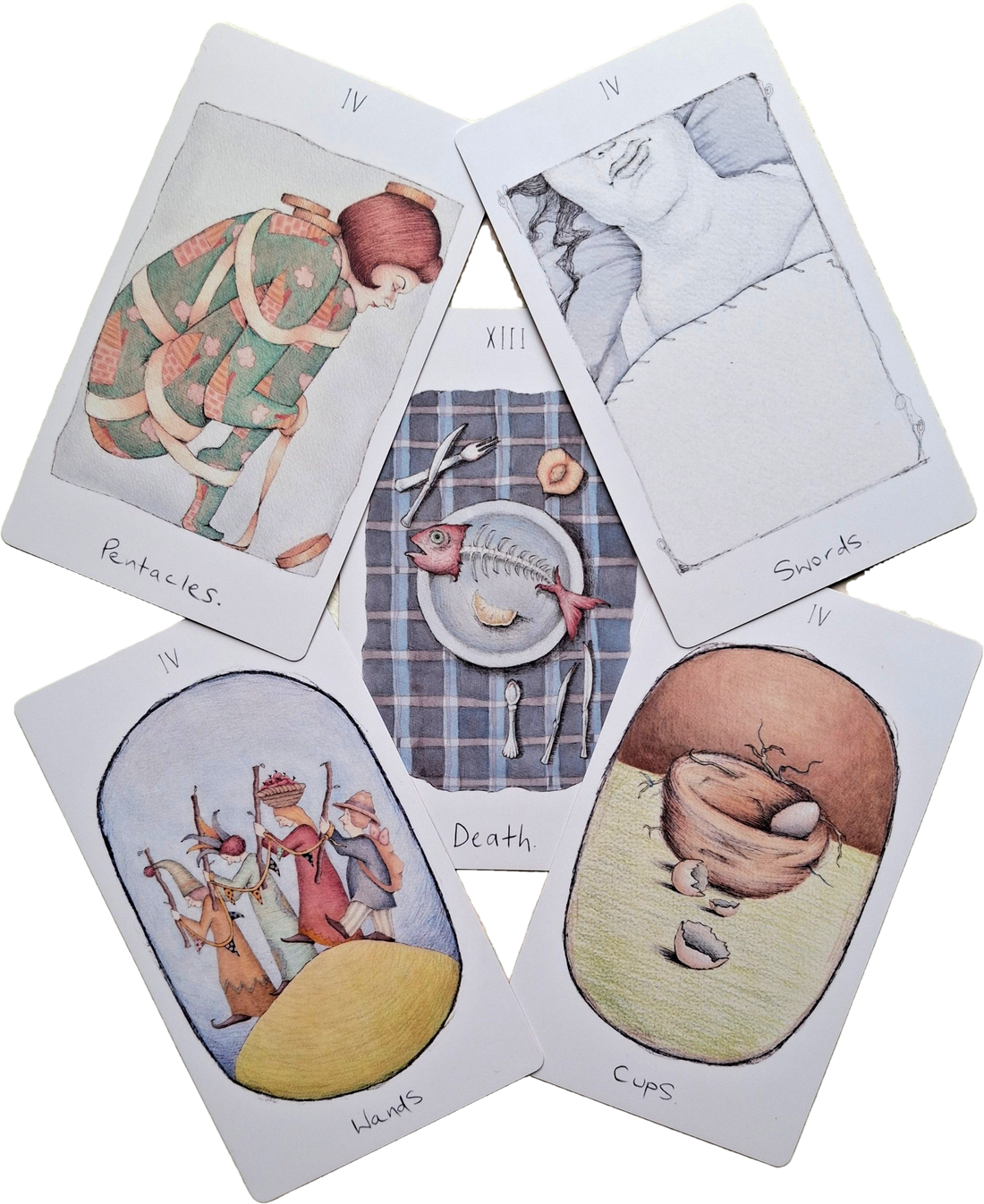 Five hand illustrated Concertina Tarot cards laid out together: the 4 of Pentacles, 4 of Swords, 4 of Wands, 4 of Cups and Death, with a red fish skeleton on a plate in the centre.