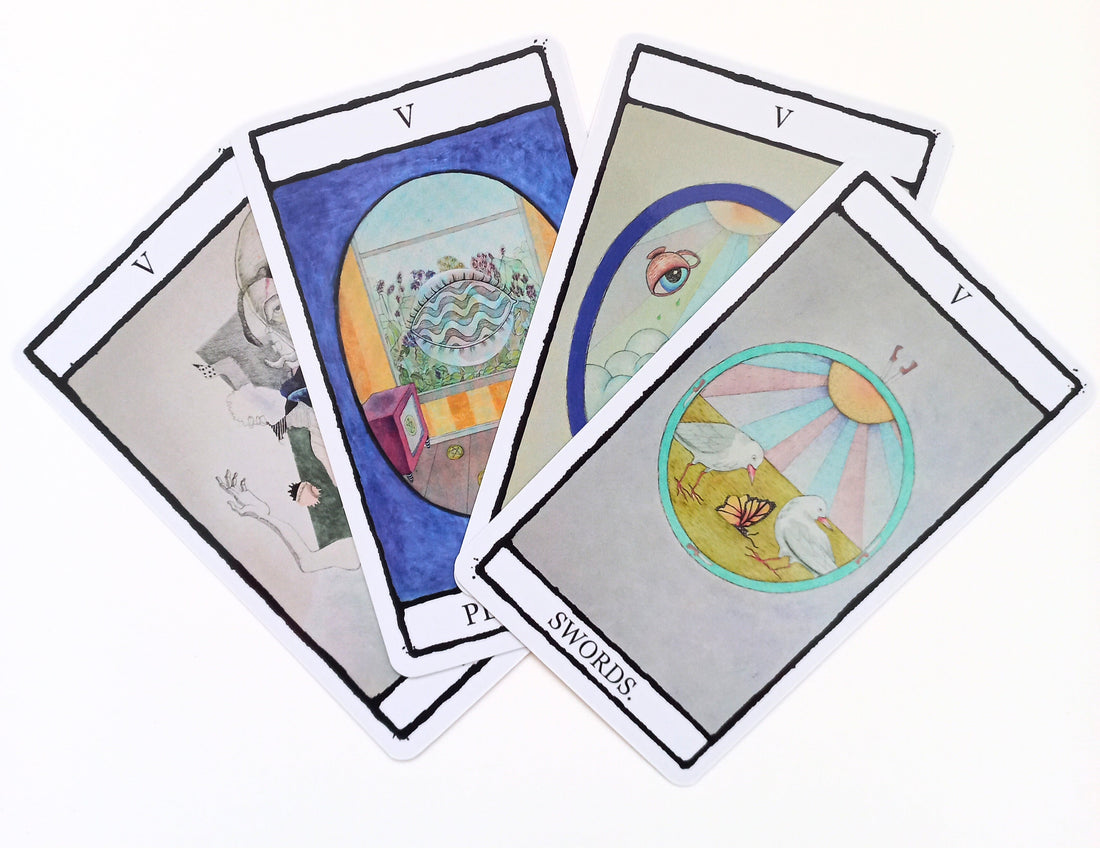The four fives of the minor arcana tarot cards: Five of Cups, Five of Wands, Five of Swords, and Five of Pentacles