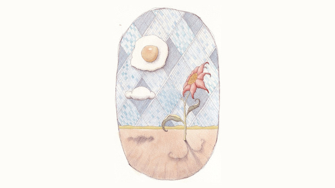 Image of a surrealist landscape featuring a whimsical hand illustrated The Sun tarot card from Concertina Tarot. 