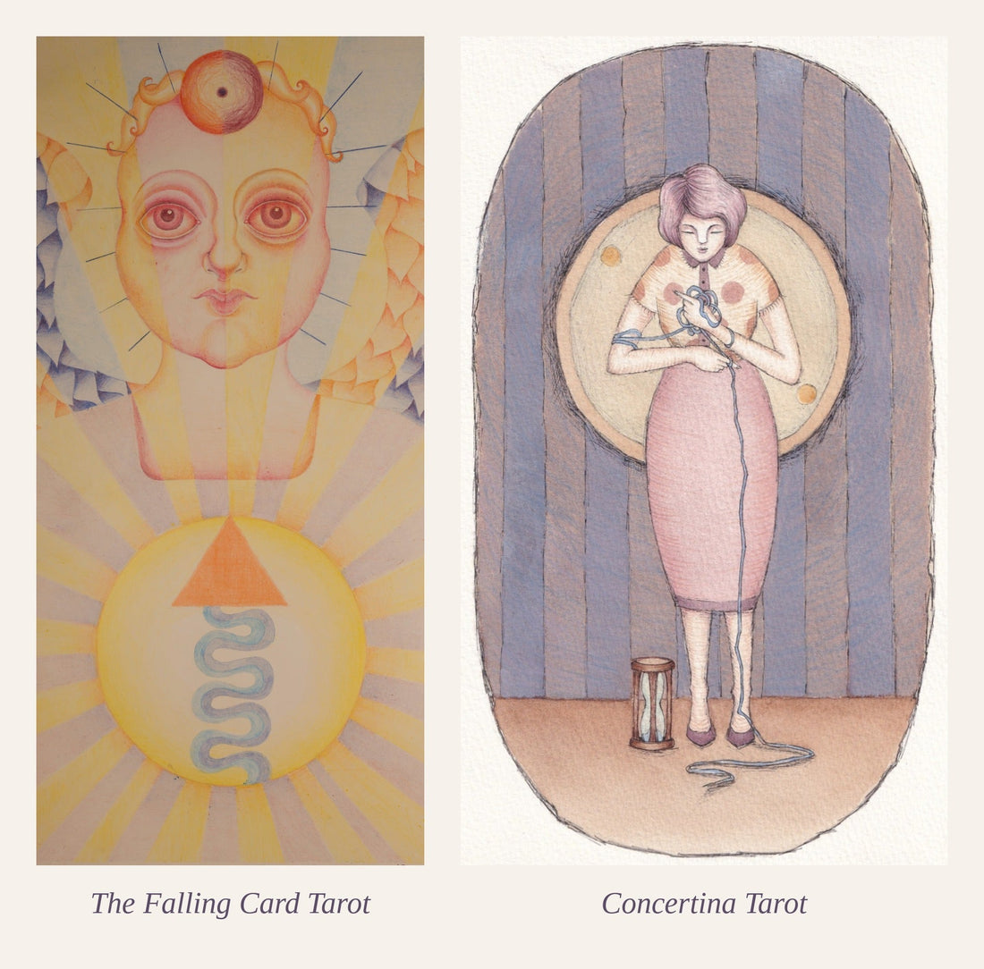 Temperance tarot card from two hand illustrated tarot decks: The Falling Card Tarot shows a glowing angel face above a sun with a fire triangle and flowing water, and Concertina Tarot shows a woman untangling a knotted thread beside an hourglass