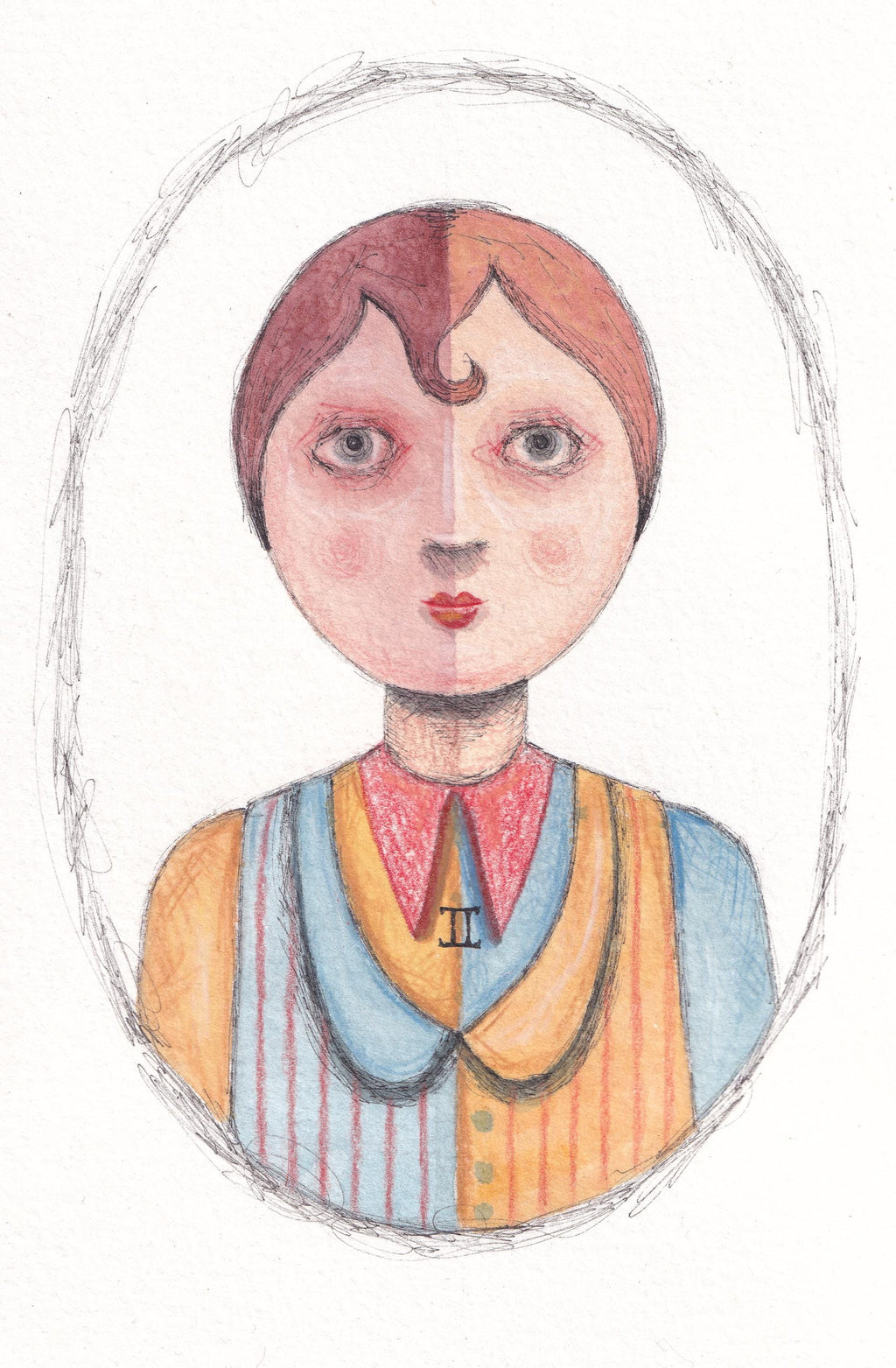 Illustration of a Gemini person wearing a red, blue and yellow outfit with a whimsical style.