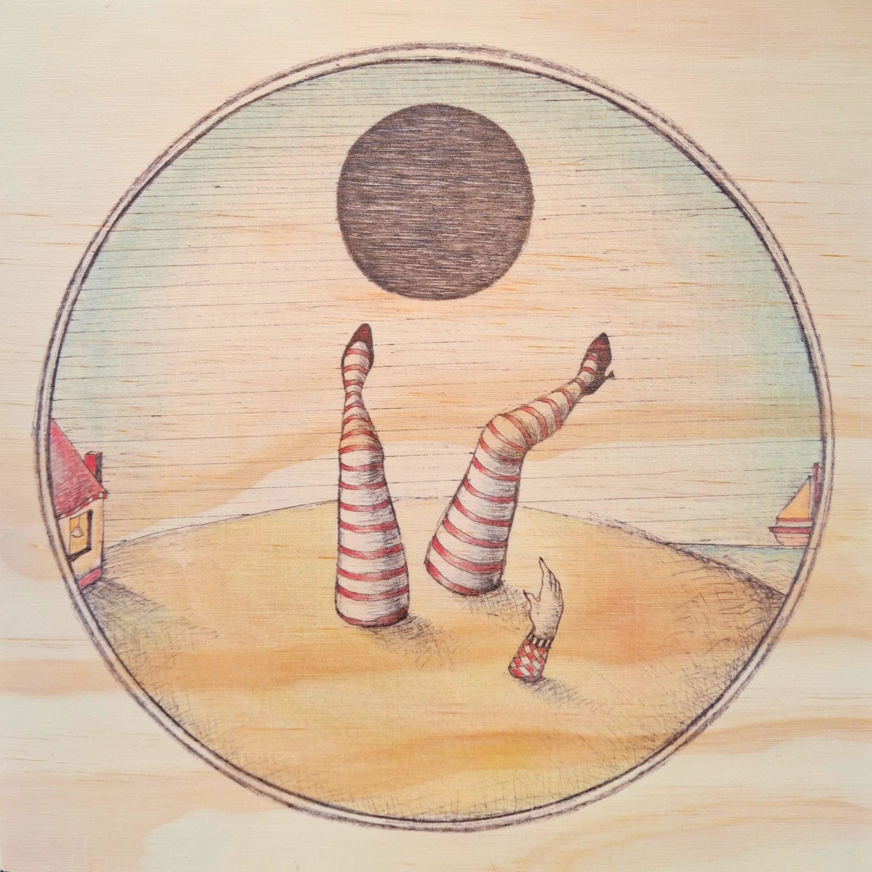 Illustration of striped legs emerging from a circular frame with a moon in the sky.