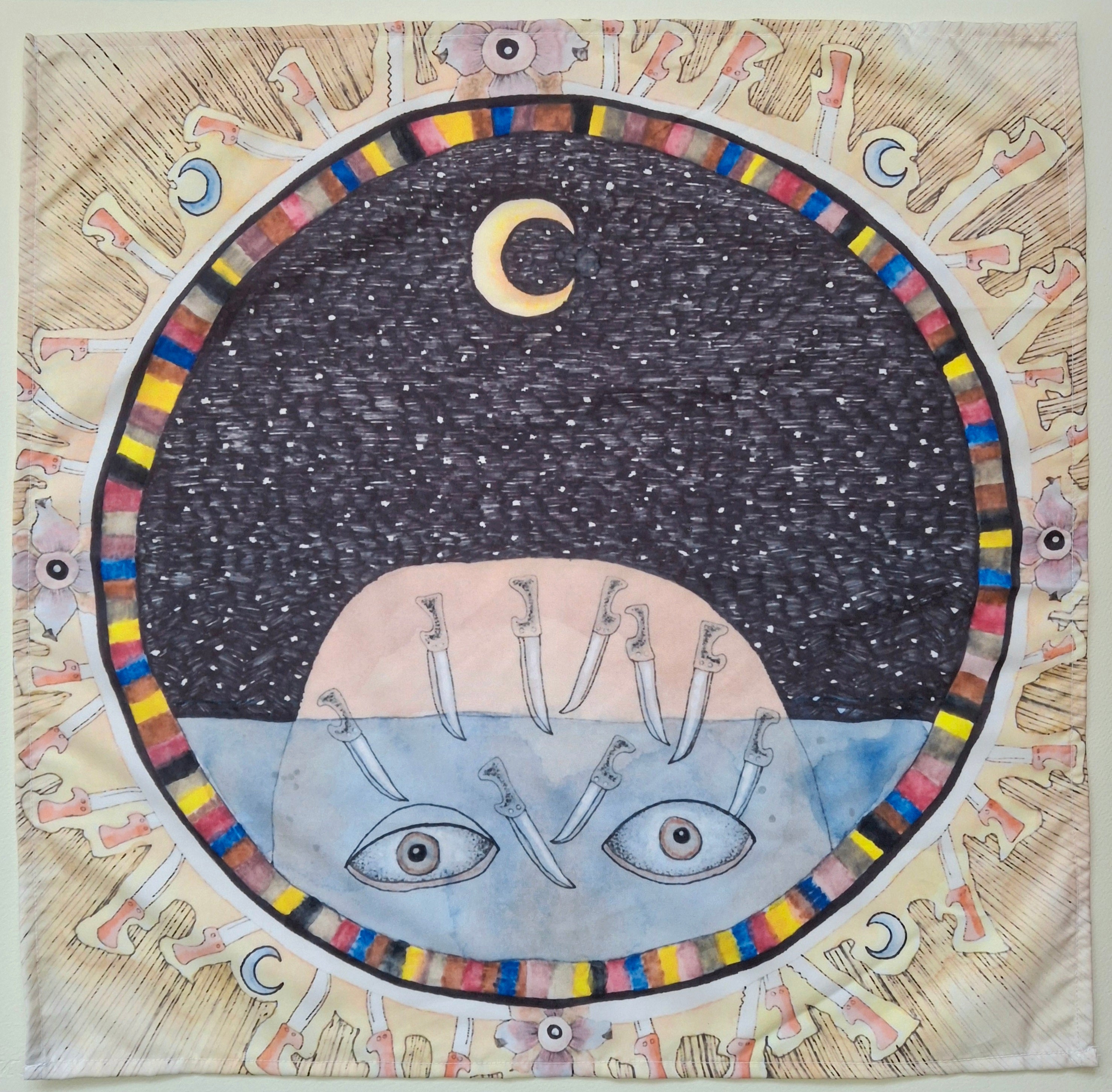 Bandana, scarf, altar cloth, tarot card wrap featuring a dark surrealist illustration inspired by the Nine of Swords tarot card with swords, eyes, the moon and flowers