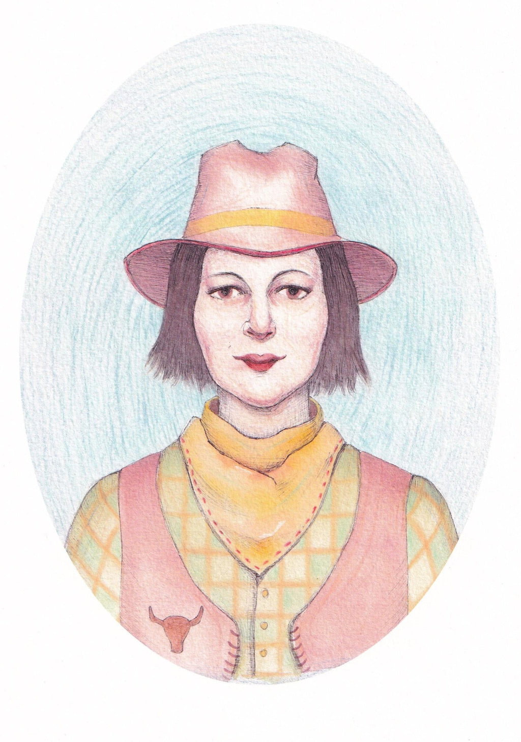 Art print featuring illustration of a Taurus woman wearing a hat, a yellow bandana and checkered outfit on a light blue background