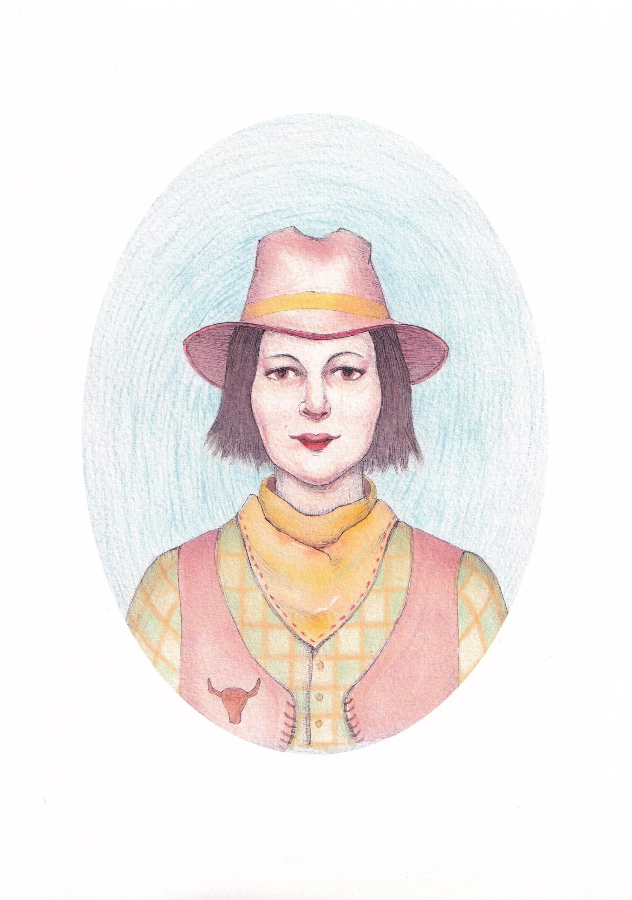 Art print featuring illustration of a Taurus woman wearing a hat, a yellow bandana and checkered outfit on a light blue background