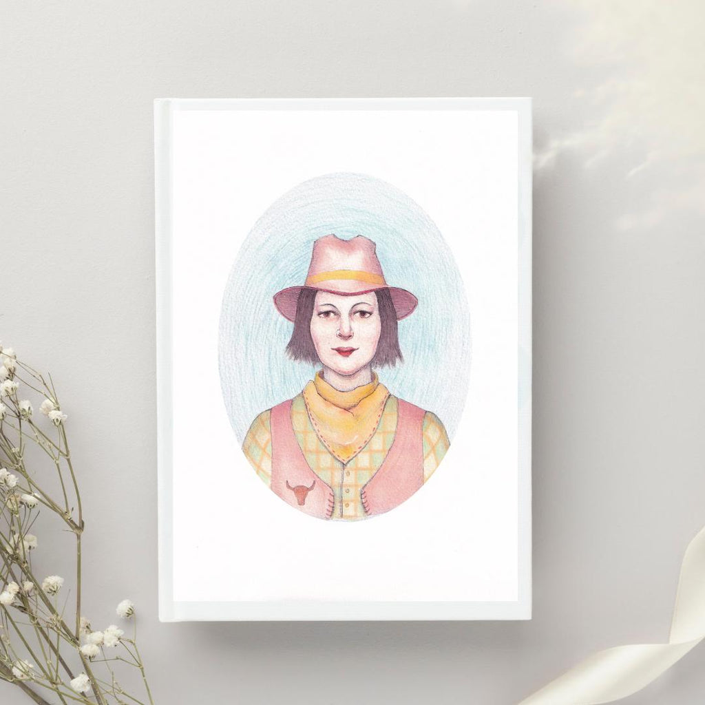 Giclee art print of a Taurus woman wearing a green, yellow and red cowboy costume.