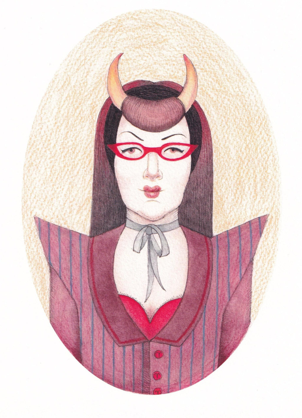 Art print featuring illustration of an Aries woman with horns wearing red glasses and a striped outfit on a white background