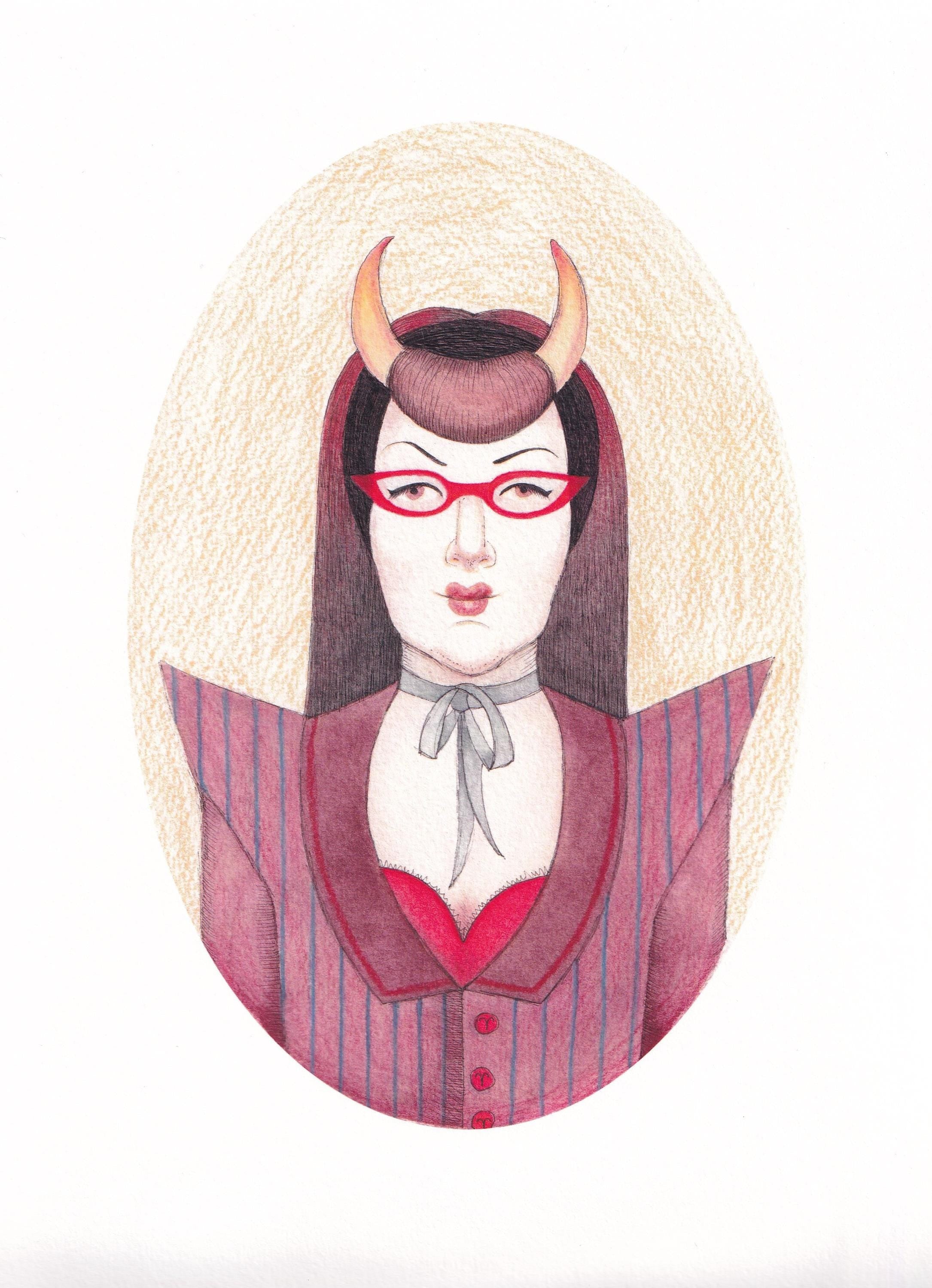 Art print featuring illustration of an Aries woman with horns wearing red glasses and a striped outfit on a white background