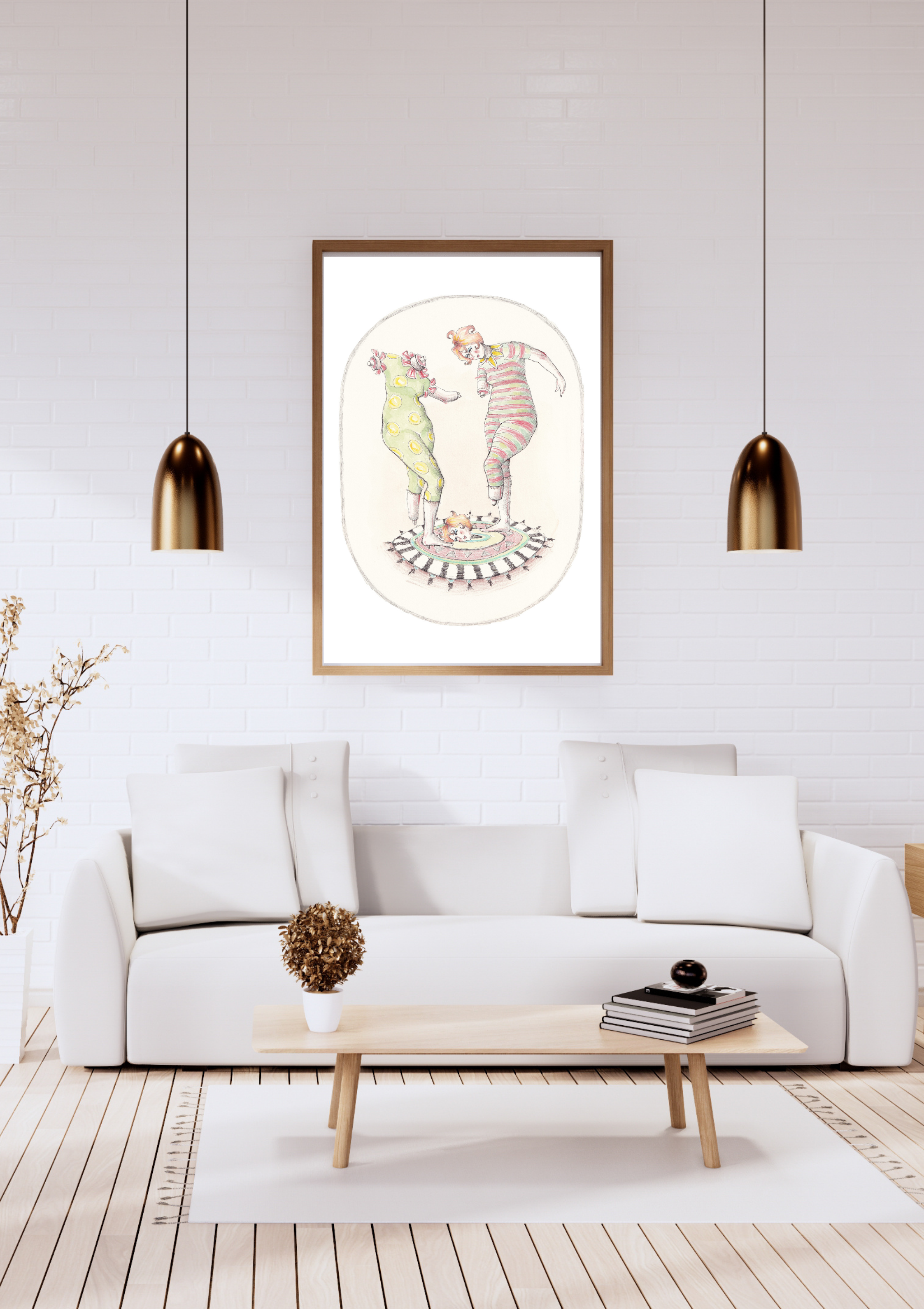Dancing figures bamboo paper art print in white frame, minimalist gallery wall decor inspiration