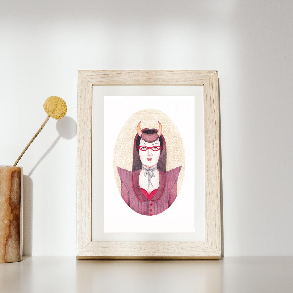 Cute Illustration of an Aries woman with red hair and glasses on a white surface.