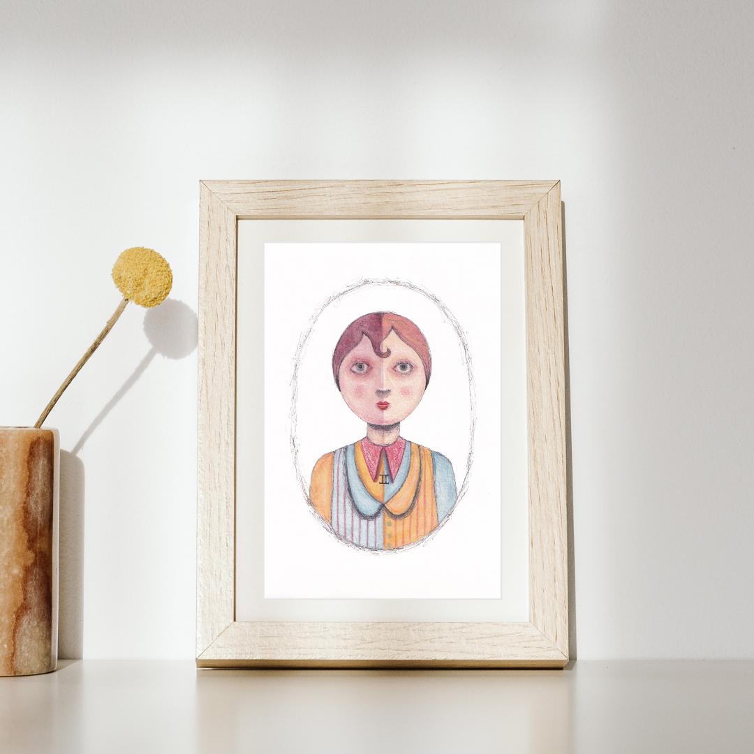 Art print featuring illustration of a Gemini wearing blue, red and yellow clothes on a white surface with a neutral background