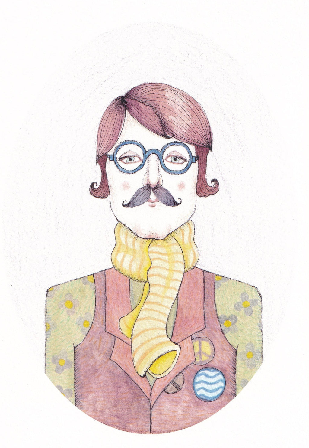 Art print featuring hand illustrated illustration of a stylish Aquarius man with a yellow scarf, pink hair, purple moustache and colourful whimsical clothes