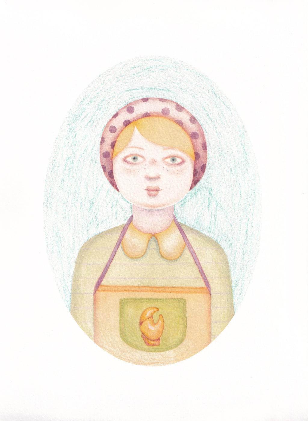 Zodiac Illustration of a Cancerian girl wearing a polka dot headscarf and a yellow dress with a green pocket on a white background.