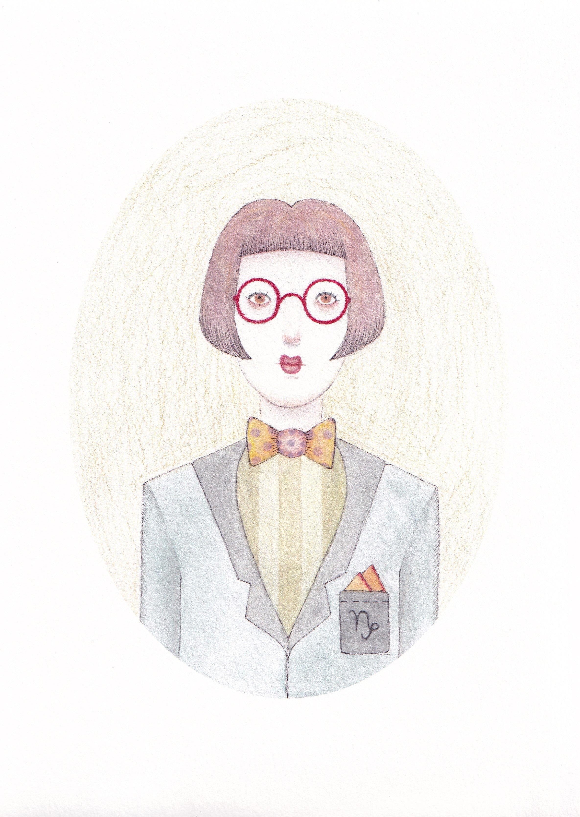 A4 art print featuring Illustration of a person wearing a grey suit, spotted bow tie, and red glasses on a light background