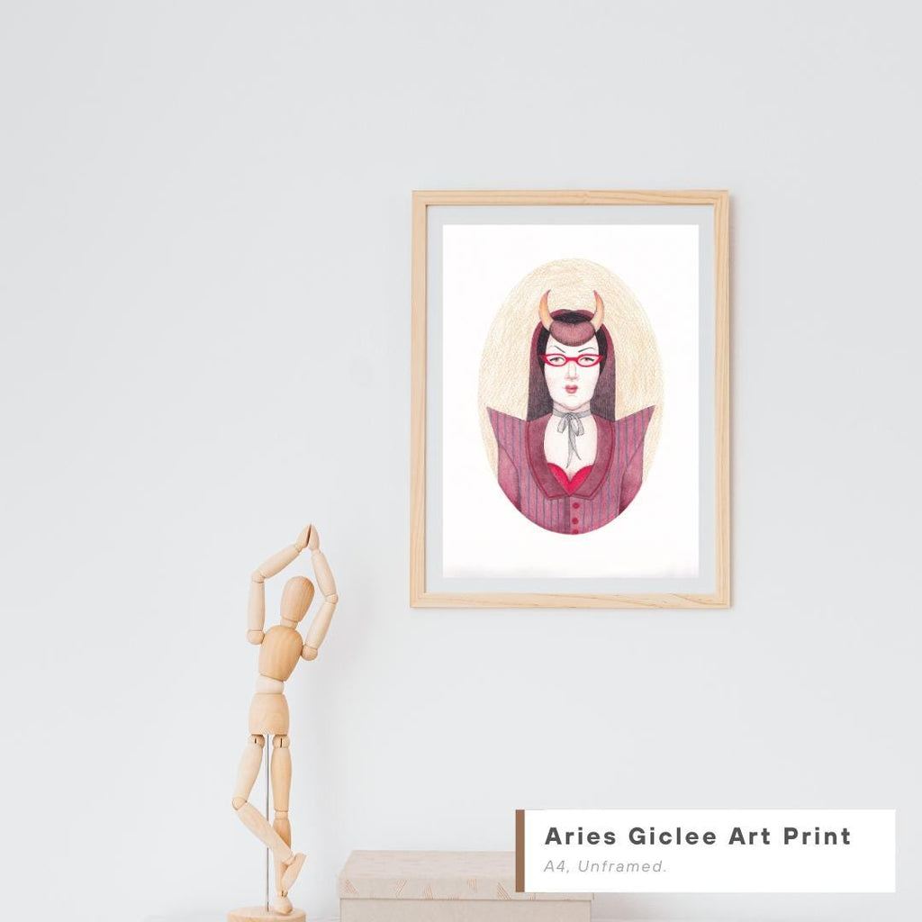 Aries Giclee Art Print on a white wall with a wooden mannequin and box in the foreground.