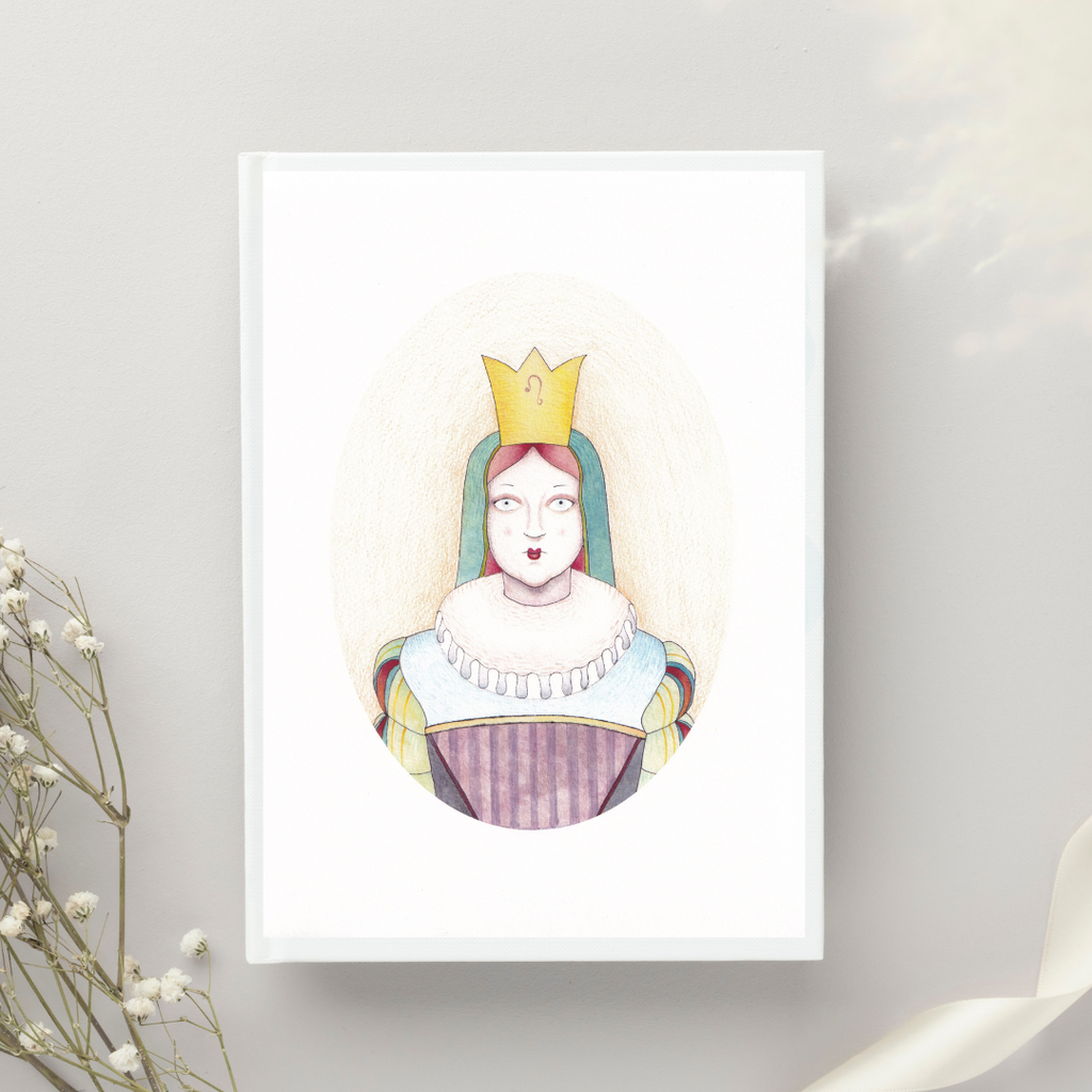 Colourful art print of a stylized queen with a crown on a white wall.
