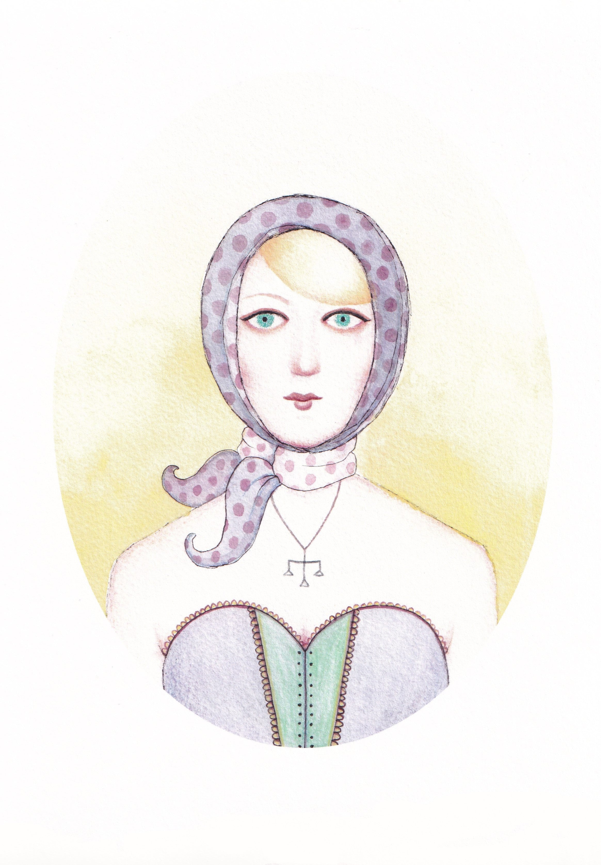 Art print featuring illustration of a Libra woman with blue eyes wearing a purple headscarf with a soft yellow background