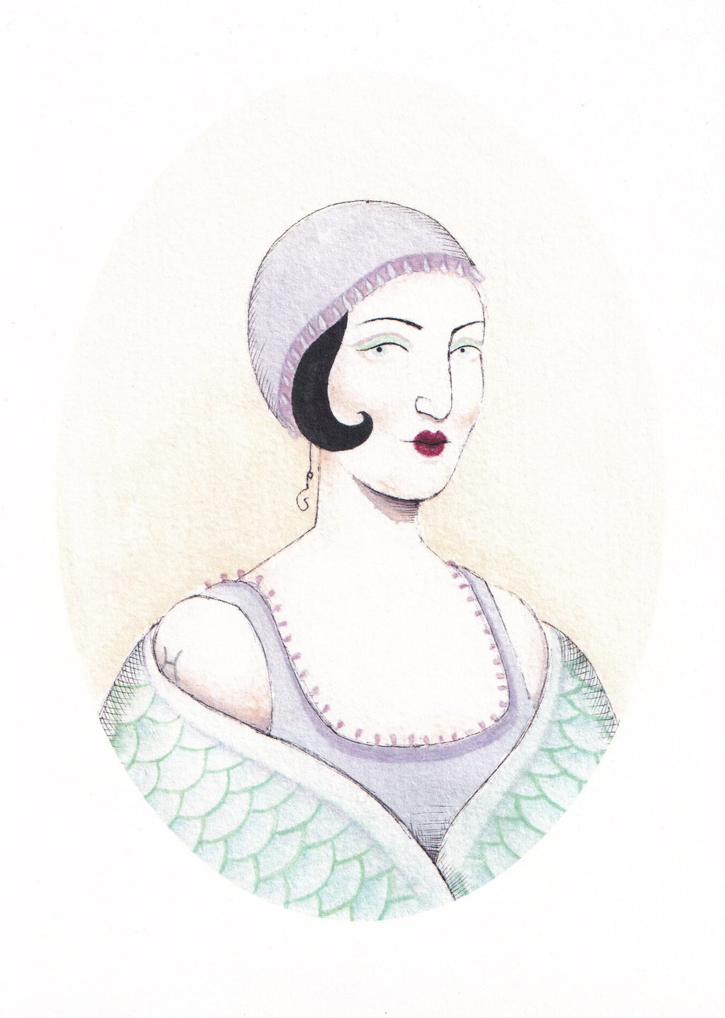 Vintage style hand illustrated Pisces astrology art print featuring woman in 1920's era vintage fashion with purple and green. 