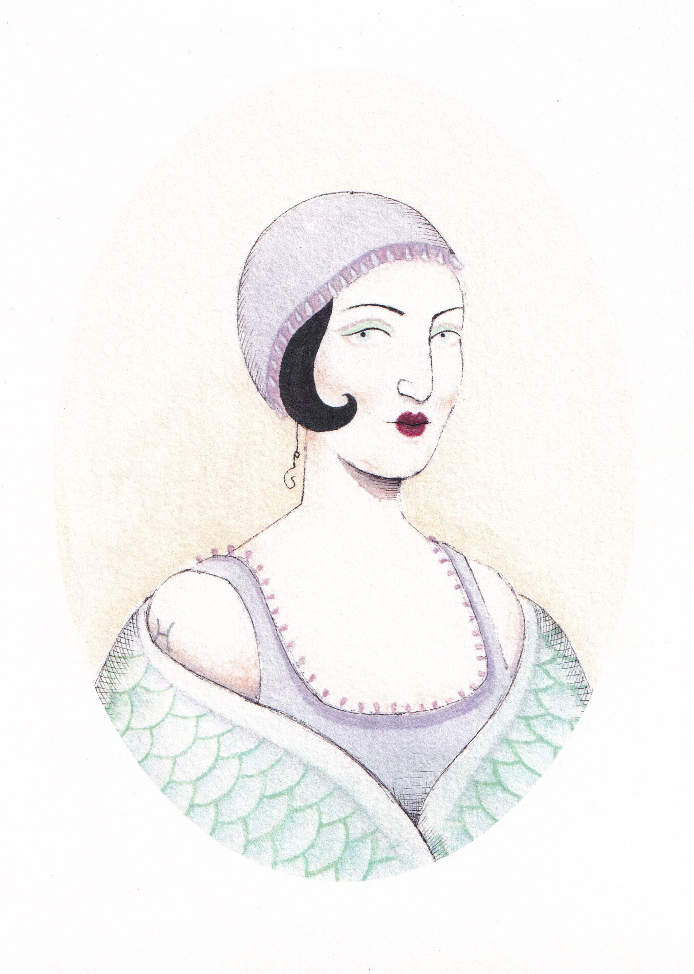 Vintage style hand illustrated Pisces astrology art print featuring woman in 1920's era vintage fashion with purple and green. 