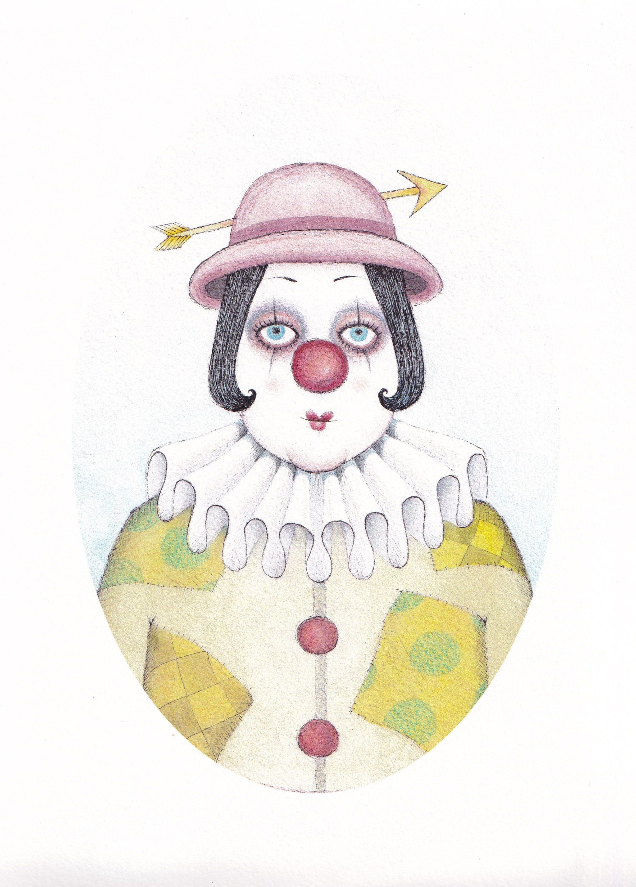 Illustration of a clown with a pink hat and colourful outfit on a white background