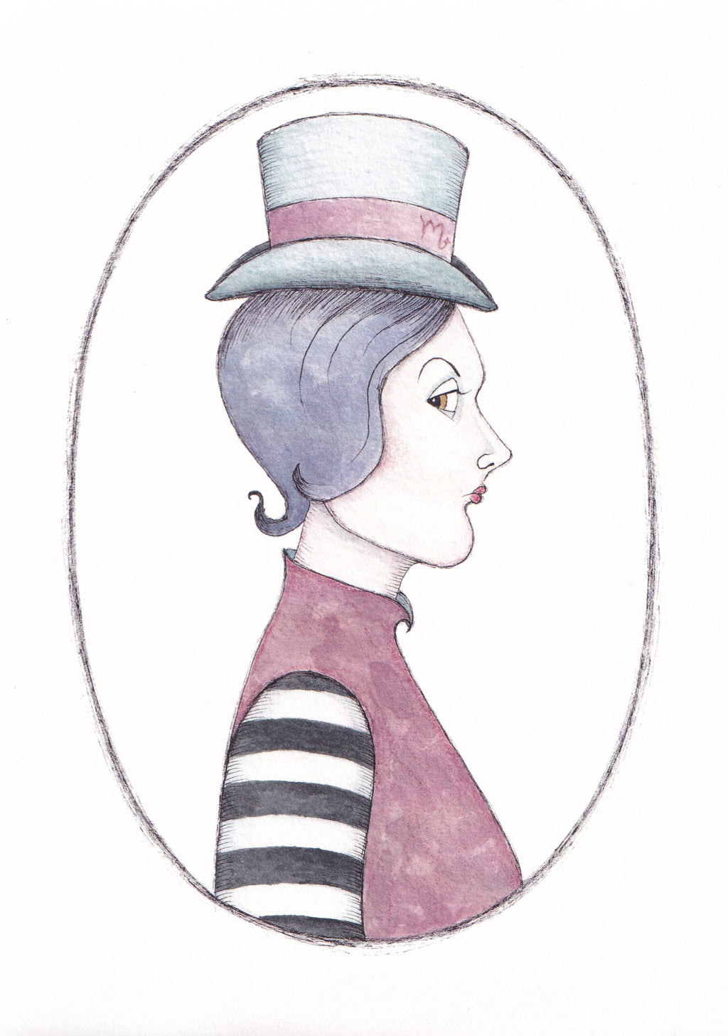 Scorpio astrology illustration of a person wearing a top hat and striped outfit in an oval frame