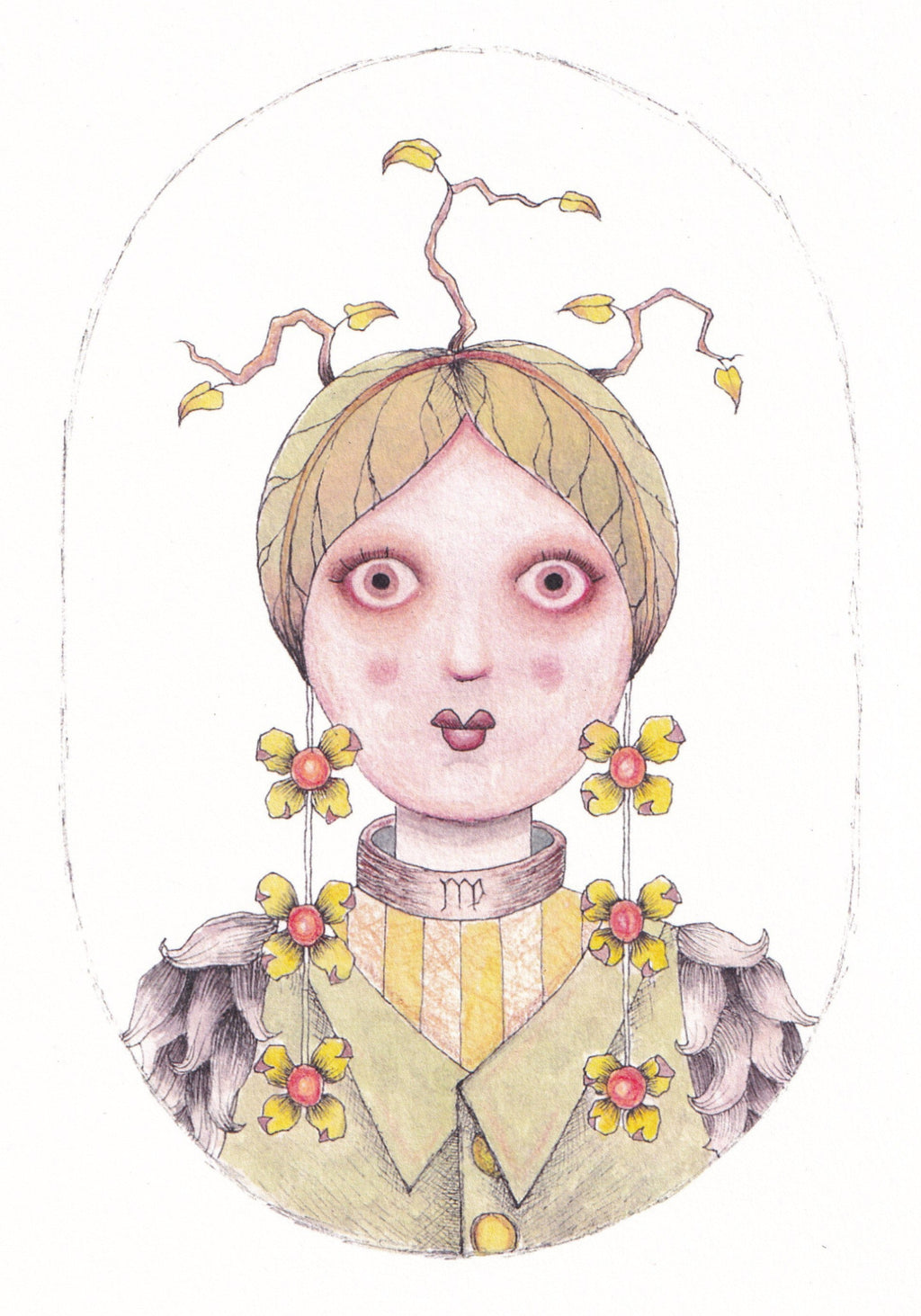 Art print featuring illustration of a  Virgo woman with green and purple floral accessories on a white background