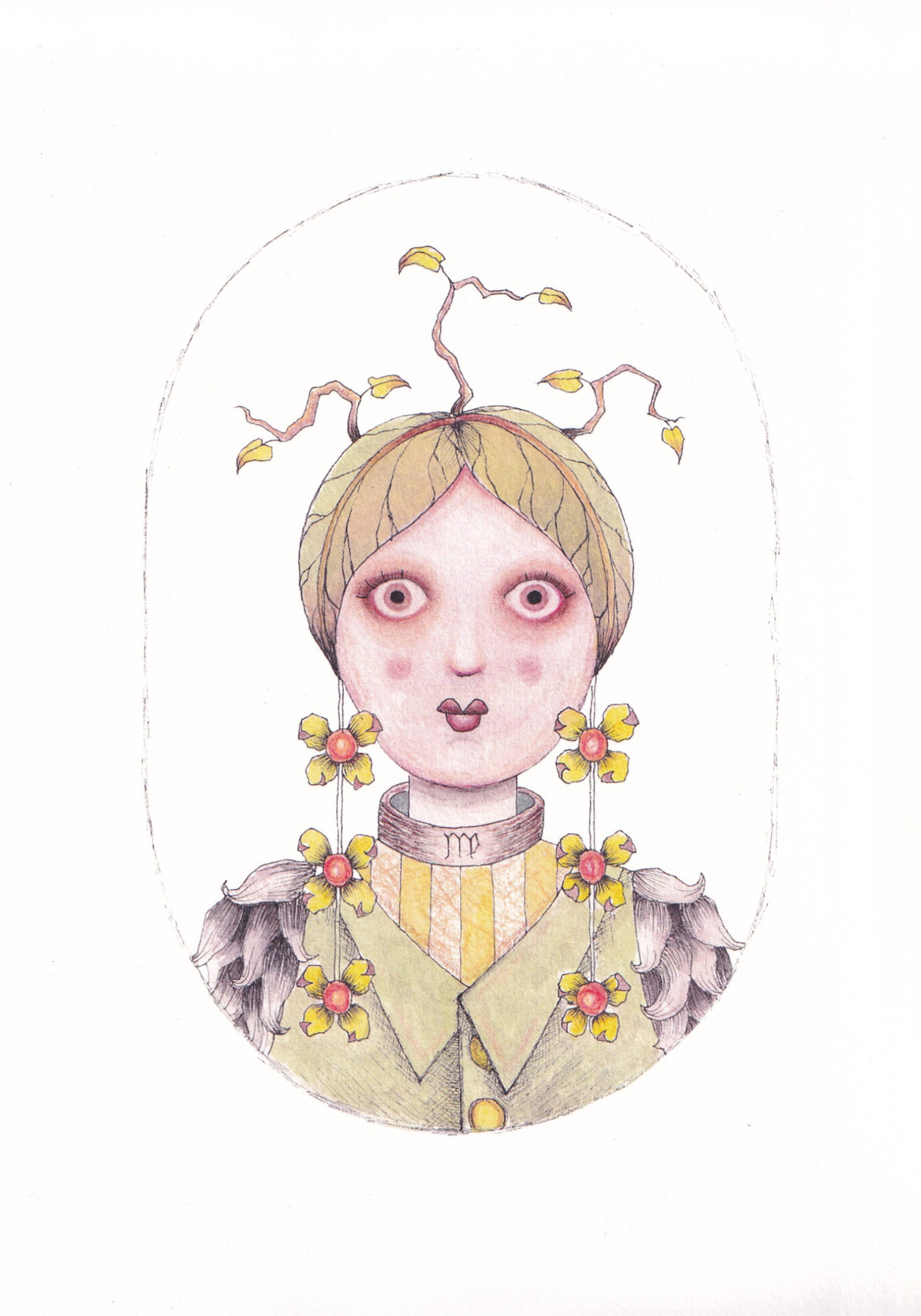 Art print featuring illustration of a  Virgo woman with green and purple floral accessories on a white background